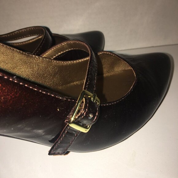 Me Too Chocolate Brown Heels 3 Inch Patent Strap/Buckle - Picture 6 of 13